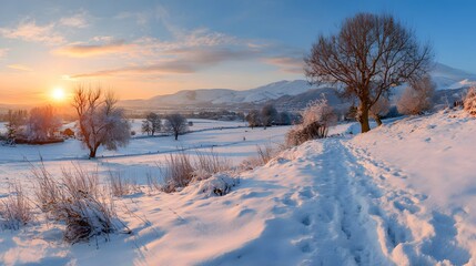 Winter sunrise over a snow-covered valley with frosted trees.