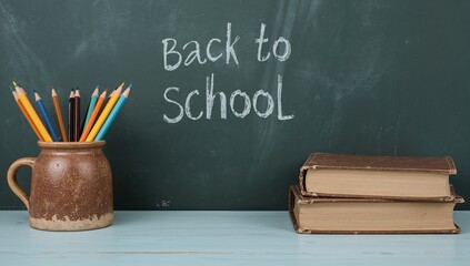 Colorful pencils in a pot, old books, and a chalkboard announcing "Back to School.".