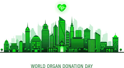 Celebrating World Organ Donation Day with a vibrant green cityscape highlighting life and hope