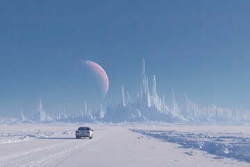 A lone car travels a snowy road towards a futuristic ice city under a pale pink alien moon in a vast, frigid landscape