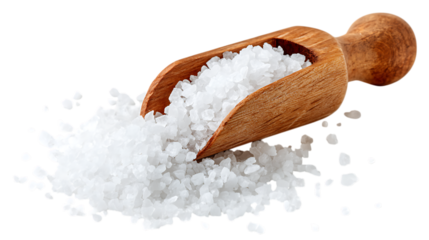 Wooden scoop spilling coarse sea salt on white background.