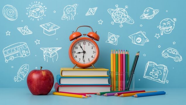 Still life featuring books, pencils, apple, and an alarm clock against a blue background with school-themed doodles.