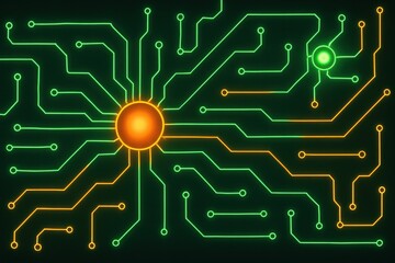 Futuristic Neon Circuit Board Design with Central Orange and Green Nodes
