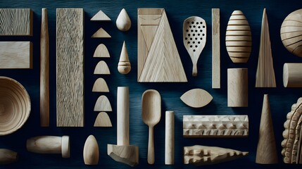 Arrangement of various carved wooden objects on a dark blue surface.