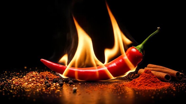 Red chili pepper on fire surrounded by spices and cinnamon sticks on a dark background. Cooking footage.