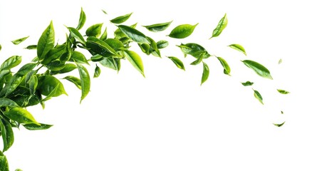 Obraz premium Fresh green tea leaves in motion against white background (1)