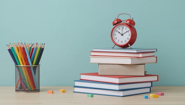 Colorful pencils, a red alarm clock, and books sit on a light-colored table against a pastel background, suggesting a back-to-school or study theme.