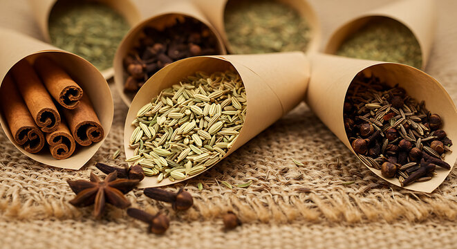 "Various herbs and spices displayed in rolled parchment paper cones, including cinnamon sticks, cloves, fennel seeds, cumin seeds, and dried oregano, arranged on a burlap surface."