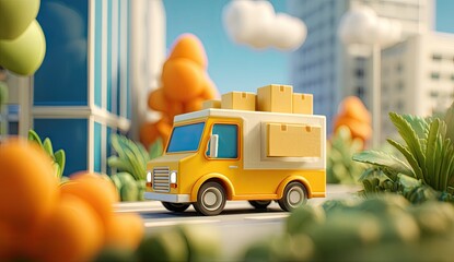 A stylized yellow delivery truck, laden with cardboard boxes, navigates a city street, amidst simplified foliage and modern buildings under a bright, sunny sky