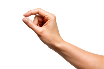 A close-up of a person's hand making a pinching gesture against a transparent background.