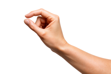 A close-up of a person's hand making a pinching gesture against a transparent background.