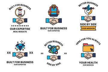 A set of business cards with a handshake symbol