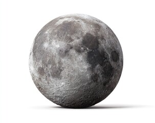 A detailed, realistic image of the moon.  Gray, cratered sphere against a plain white background.  Surface texture shows impact marks and varying shades of gray