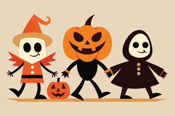 Obraz premium Colorful Halloween Cartoon Witch, Jacko'Lantern Character, and Ghoul Walking Together on Halloween Night