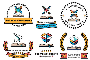 image is a collection of six different designs all of which feature a book