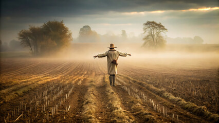 Solitary Scarecrow In A Foggy Brown Field Landscape