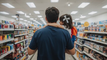 A father carries his child through a brightly lit grocery store aisle.
