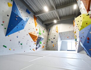 Indoor climbing gym with colorful holds on various textured walls, a padded floor, and a window