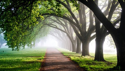 Trees pathway under foggy light