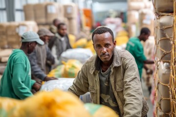 Morning in a busy aid distribution center Workers sort supplies for delivery to conflict zones The mood is focused and busy, Generative AI