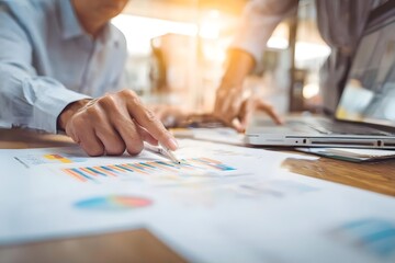 Business professionals discussing financial data on a table in a well-lit office.