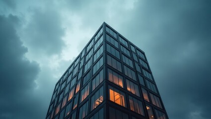 Modern glass skyscraper with illuminated windows against a dramatic cloudy sky