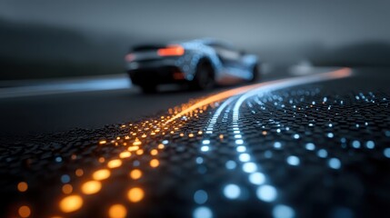 A sleek car drives down a futuristic road illuminated by colorful light trails, creating a dynamic and modern atmosphere.