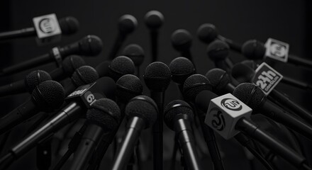 Fototapeta premium Microphones at Press Conference: Media Event, Journalism, News Gathering