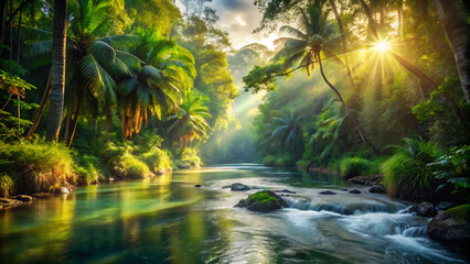 Fototapeta premium Sunlit River In Lush Tropical Forest Landscape