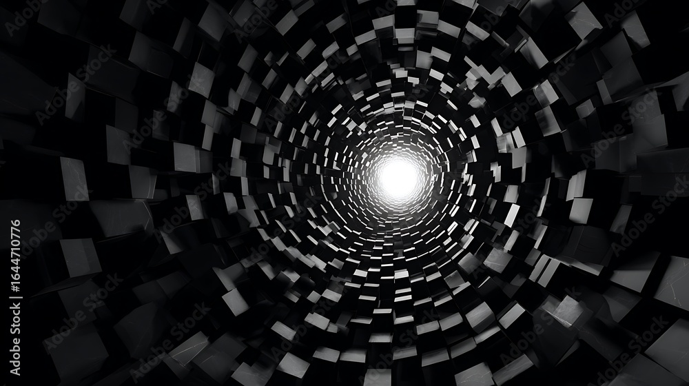 Poster a mesmerizing abstract tunnel with a captivating blend of black and white squares, creating a sense 
