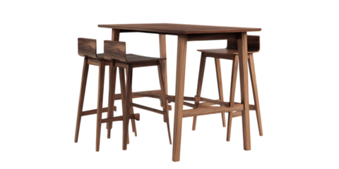 Wooden high table with two matching bar stools on white background.