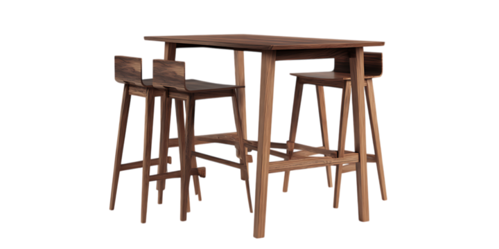 Wooden high table with two matching bar stools on white background.