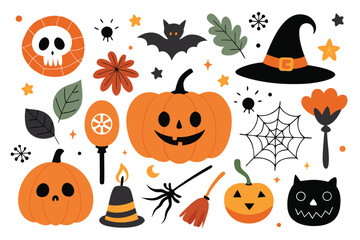 Cute Halloween Illustration with Pumpkins, Bat, Skull, Witch Hat, Spider Web, Candle and Cat