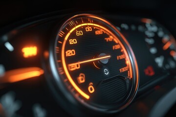 Close-up of a car's dashboard speedometer.  Bright orange illumination highlights the dial and markings.  Dark-colored instrument panel
