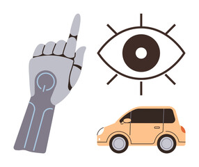 Robotic hand pointing at an abstract eye and a small car highlights AI-driven vision, machine learning, autonomous driving, smart tech, futurism, transportation safety, and automation in a simple