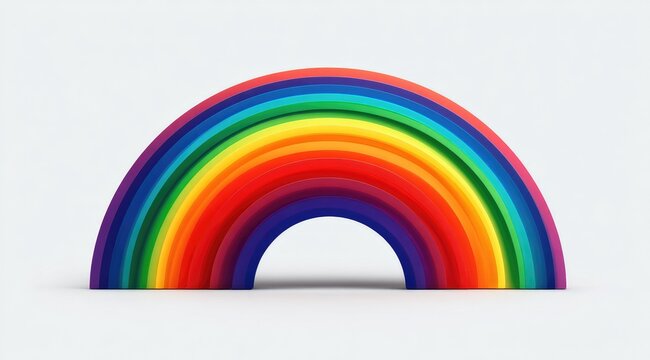A vibrant, 3D rainbow arch.  Layered bands of color create a  sculptural effect against a plain white background.  The rainbow has a rounded, full arc - Powered by Adobe