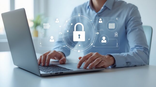 Person typing on laptop with digital security overlay showing padlock and data protection icons