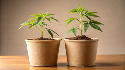 Two Young Cannabis Plants In Brown Cylindrical Pots