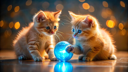Two Orange Kittens Playing With Glowing Blue Sphere