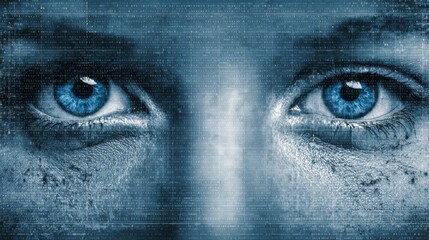 Detailed close up of a woman's eyes reflecting intricate binary code illustrating the intersection of human vision and digital information technology in a futuristic cyberspace concept.