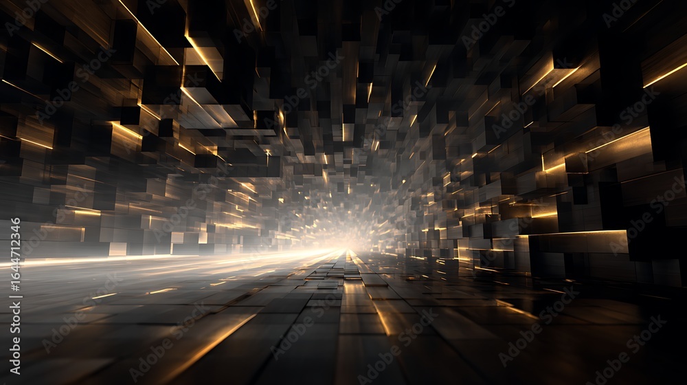 Wall mural abstract 3d rendering of a dark tunnel with glowing lights, creating a futuristic and dynamic backgr