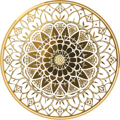 Detailed circular mandala vector with symmetrical floral patterns, gold outline, transparent background, perfect for wedding, spa, luxury branding, and decor designs