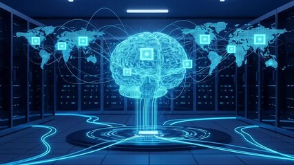 Futuristic brain and world map in a server room - Powered by Adobe