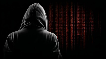 A mysterious figure in a dark hoodie stands in silhouette against a bold abstract red and black background creating a powerful and contemporary visual statement of anonymity.