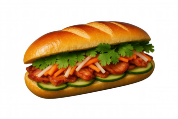Vietnamese banh mi sandwich displaying grilled pork, cilantro, pickled carrots, daikon radish, cucumber slices on crusty baguette with clean white backdrop