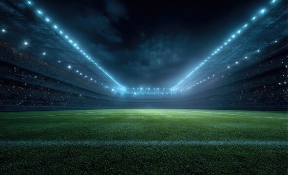 Empty stadium at night, lit by powerful spotlights. Grass field stretches into the center of the image, with tiers of dark seats rising above.