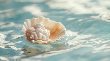 Serene Spiral: Seashell gently resting on shimmering turquoise water surface