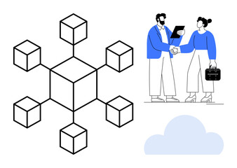 Fototapeta premium Structured blockchain pattern diverging into nodes beside business professionals shaking hands, referencing collaboration. Ideal for technology, decentralization, cloud computing, teamwork, business