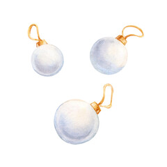 Watercolor illustration depicting three white Christmas ornaments with golden caps and eyelets on a white background. Hand drawn for holiday cards, decor, gift tags or festive designs for New Year