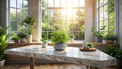White Marble Display On Rustic Wooden Table By Sunlit Window